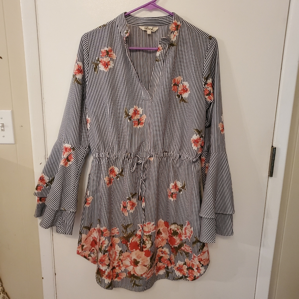 Women's stripe and flower long shirt dress